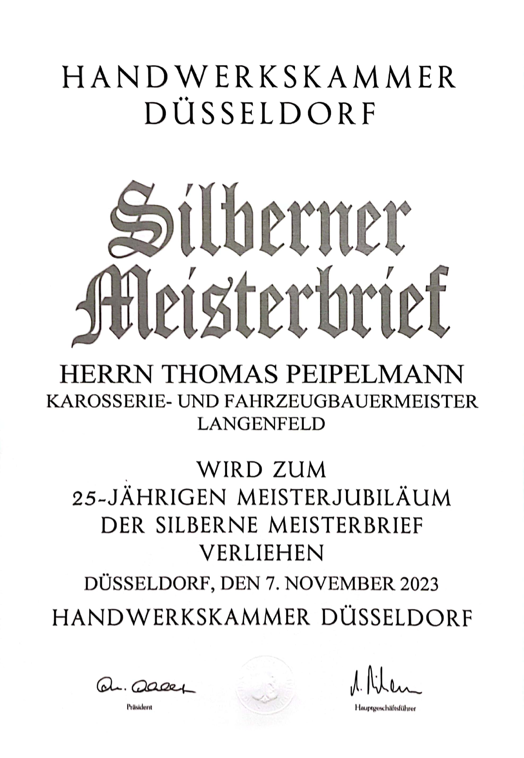 Meisterbrief - Silberner Meisterbrief